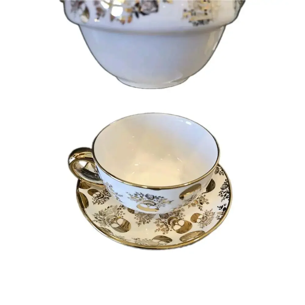 New Gold / White Skull Halloween Party Ceramic Tea Pot Teapot & Cup W/ Saucer